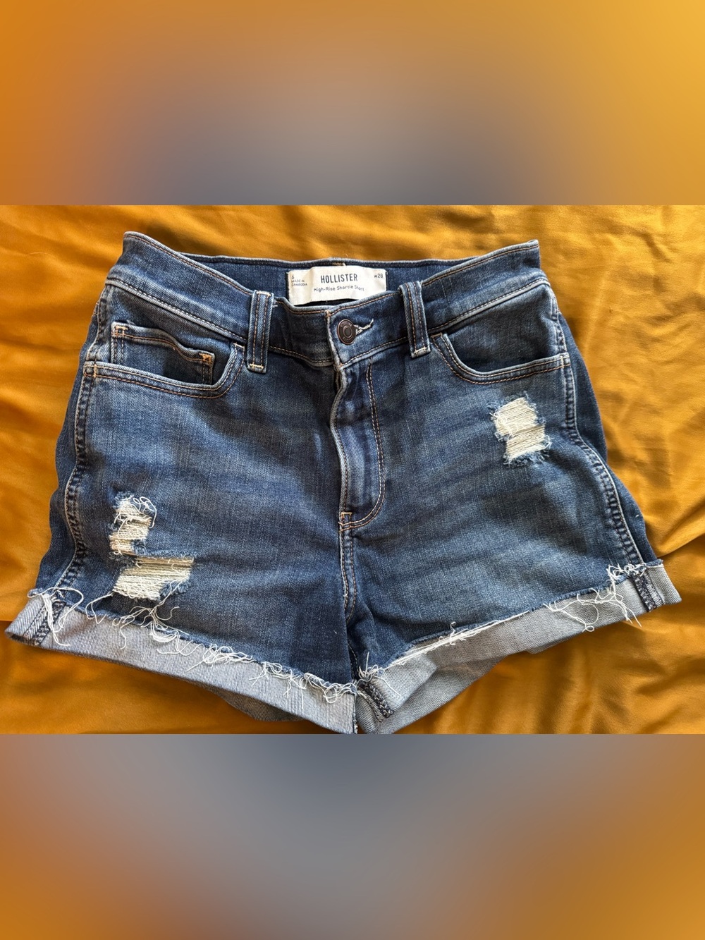 Hollister Distressed Mid-Blue High-Rise Denim Shorts